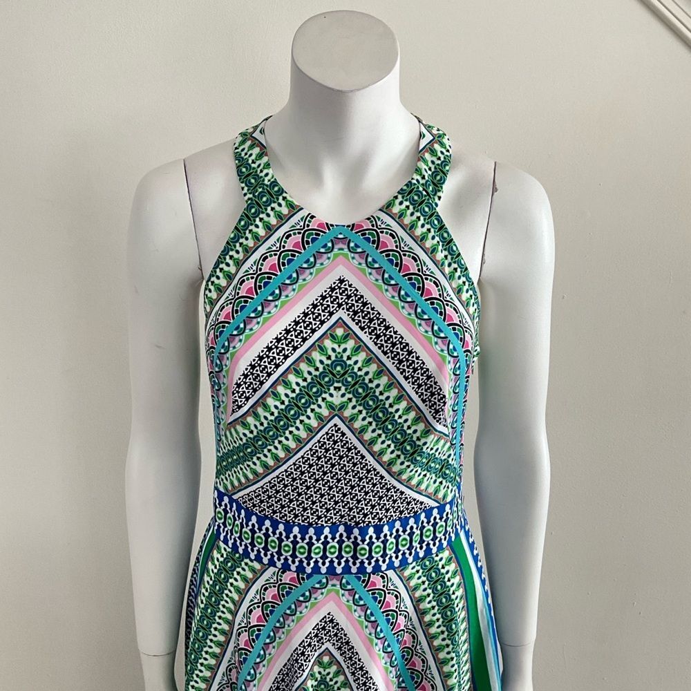 Eliza J Halter Handkerchief Hem Scarf Print Dress Green 8 - Picture 7 of 12